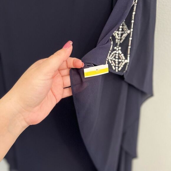 VINCE CAMUTO Navy Embellished Caped Crew Neck Evening Shift Dress - Picture 8 of 13